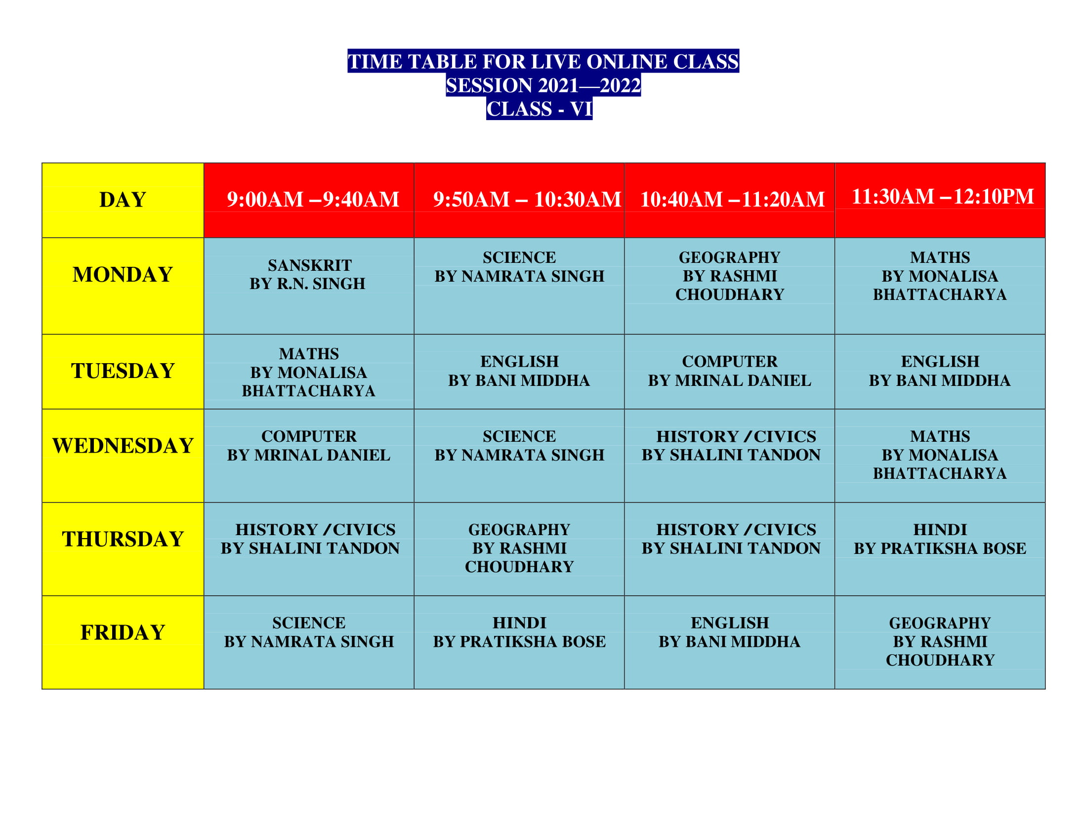 YMCA Time Table