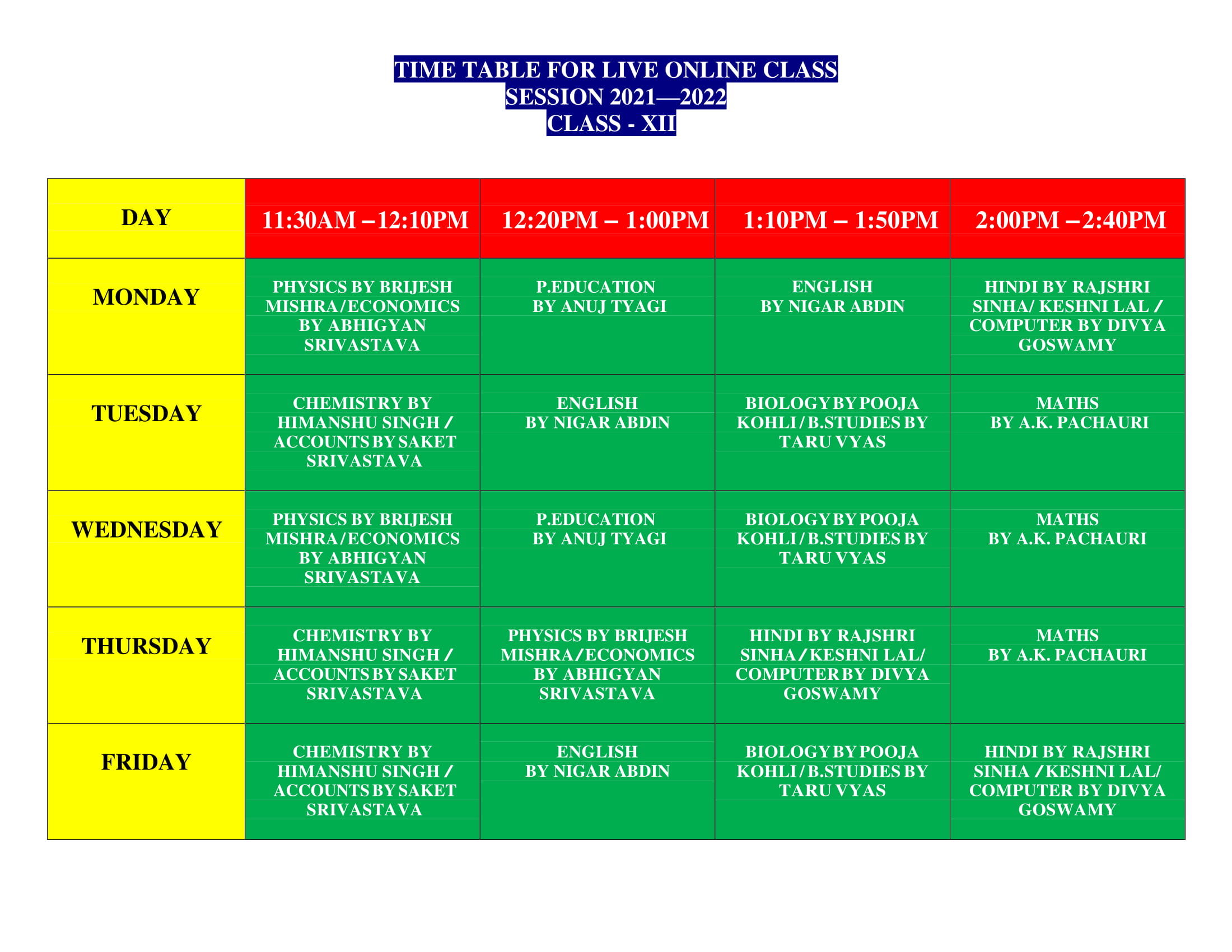 YMCA Time Table